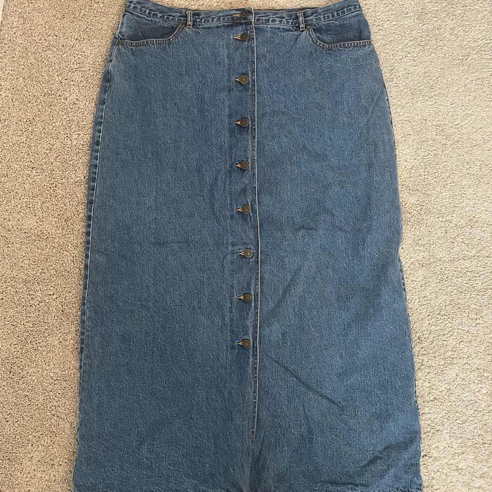 Vintage Eddie Bauer Denim Button-Front Flannel Lined Maxi Skirt